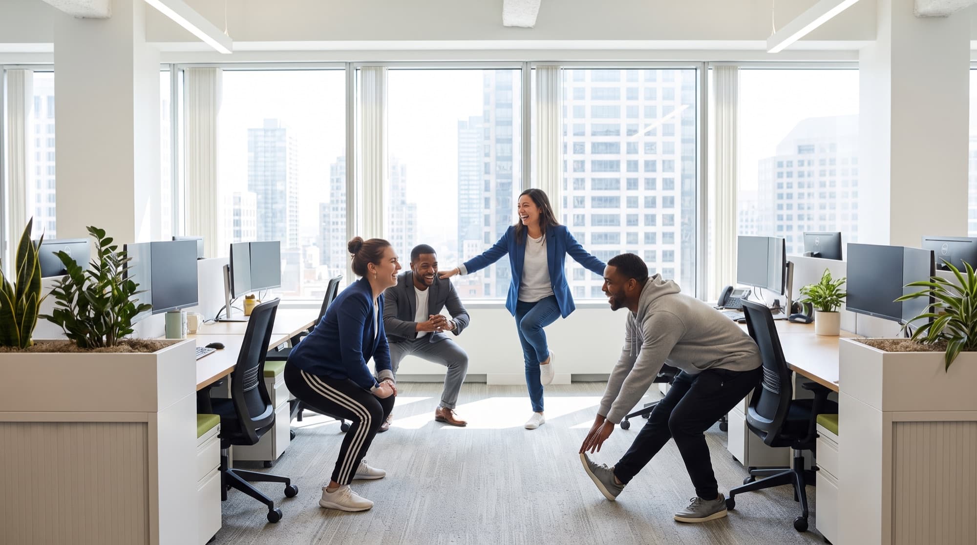 Four coworkers taking an active break in a bright modern office with a city view, stretching and laughing.