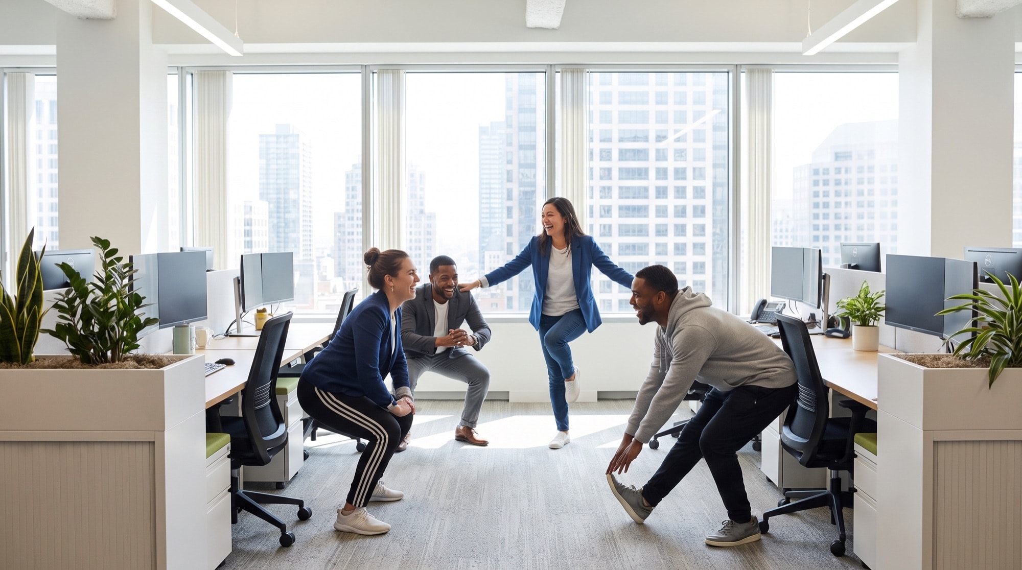 Four coworkers taking an active break in a bright modern office with a city view, stretching and laughing. Four coworkers taking an active break in a bright modern office with a city view, stretching and laughing.
