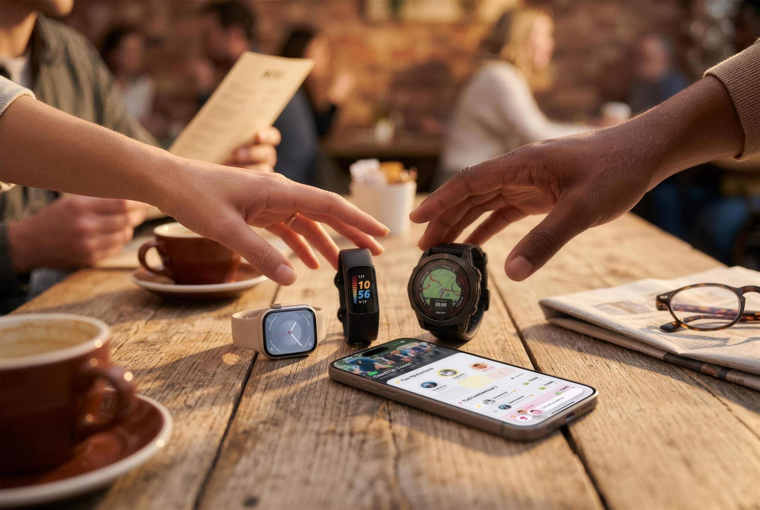 A phone showing a fitness competition leaderboard beside several different wearables.