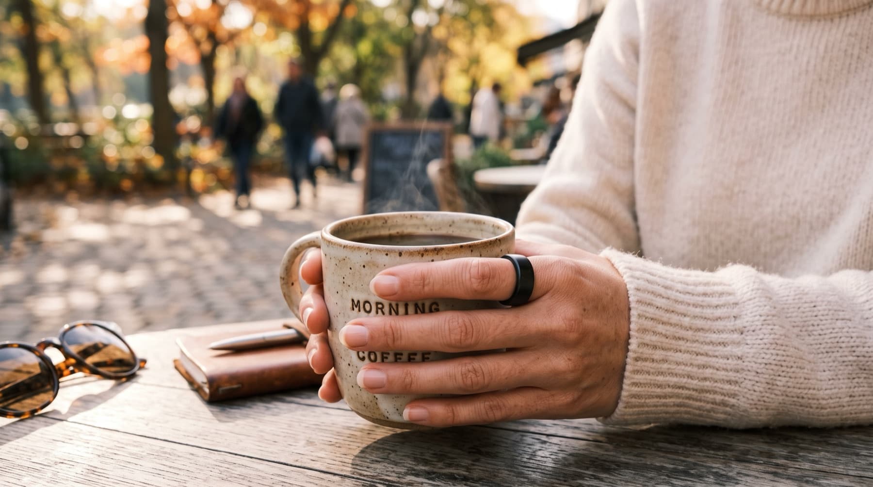 A hand wearing an Oura smart ring holding a coffee mug after a morning walk, warm light.