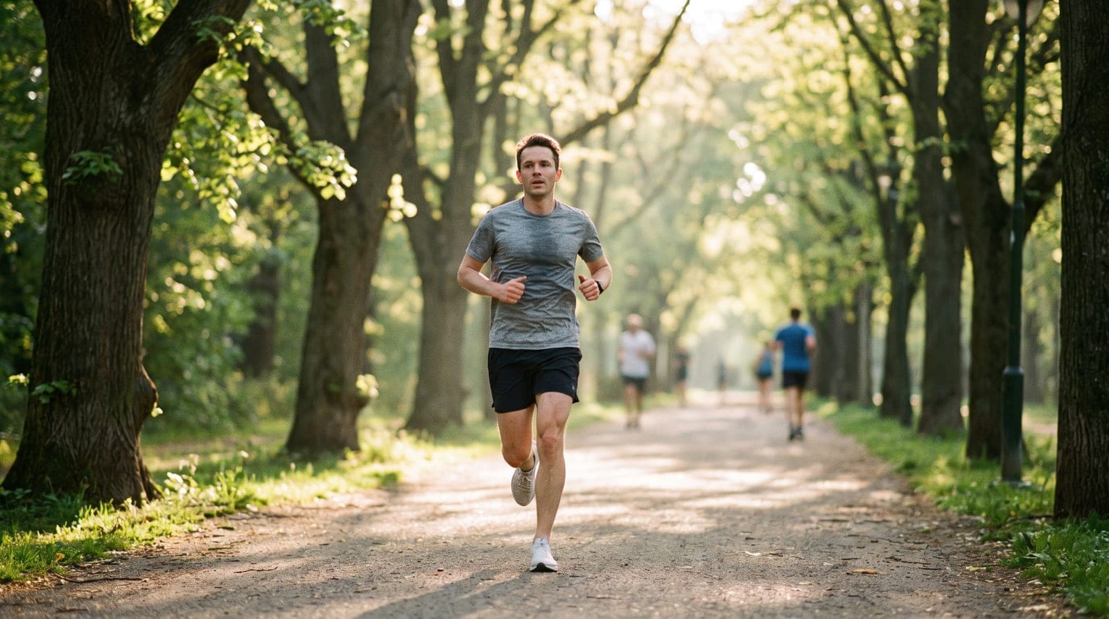 A recreational runner mid-stride on a tree-lined park path in soft early-morning golden light.