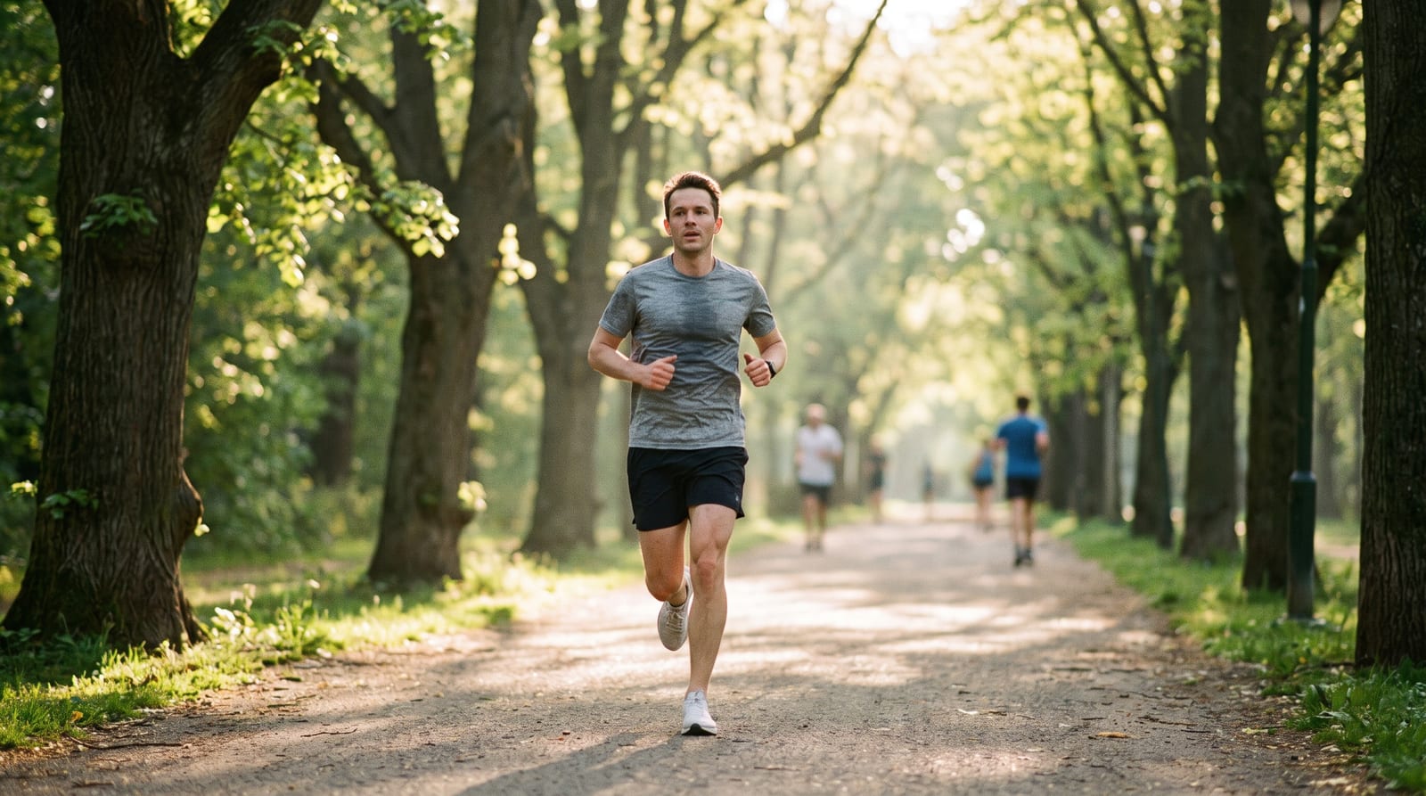 A recreational runner mid-stride on a tree-lined park path in soft early-morning golden light. A recreational runner mid-stride on a tree-lined park path in soft early-morning golden light.