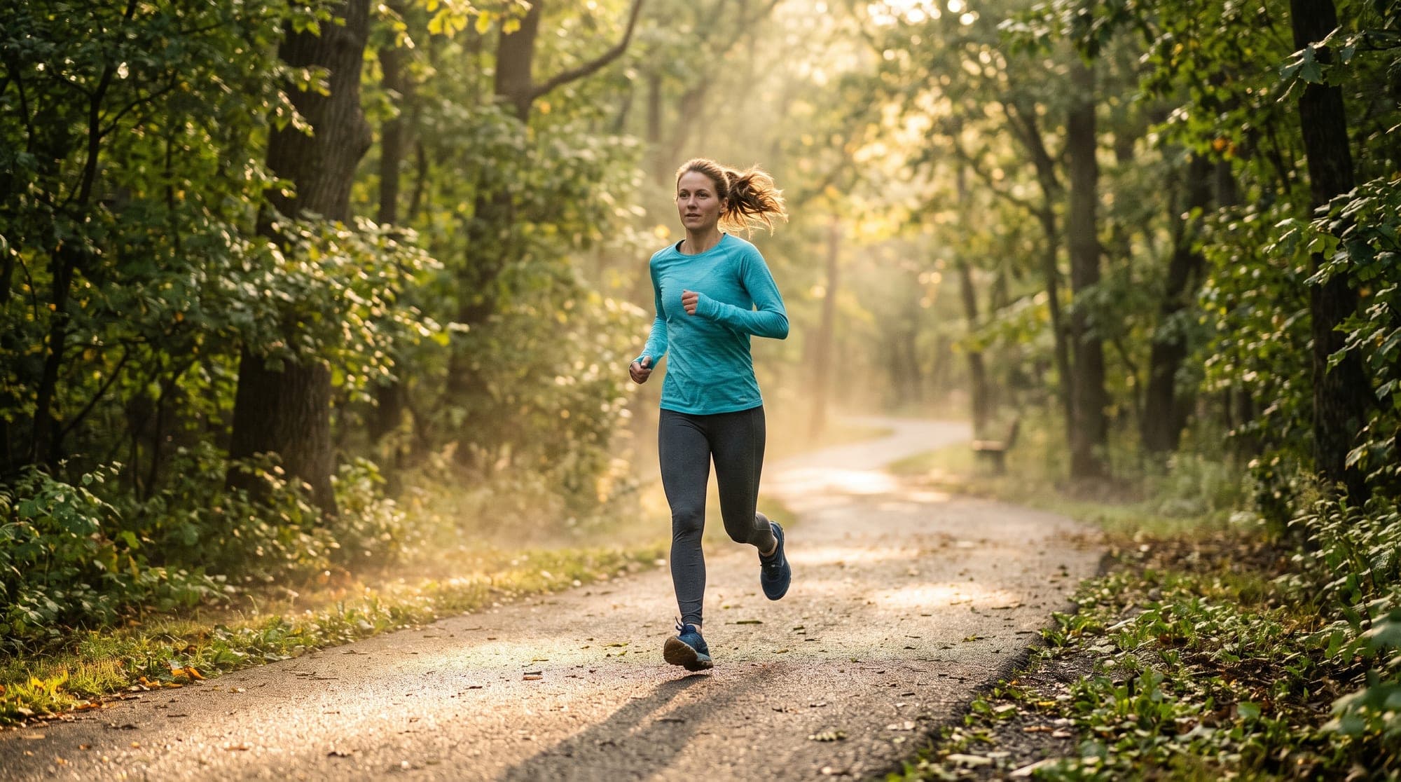 A recreational runner mid-stride on a tree-lined park path in warm early-morning light.