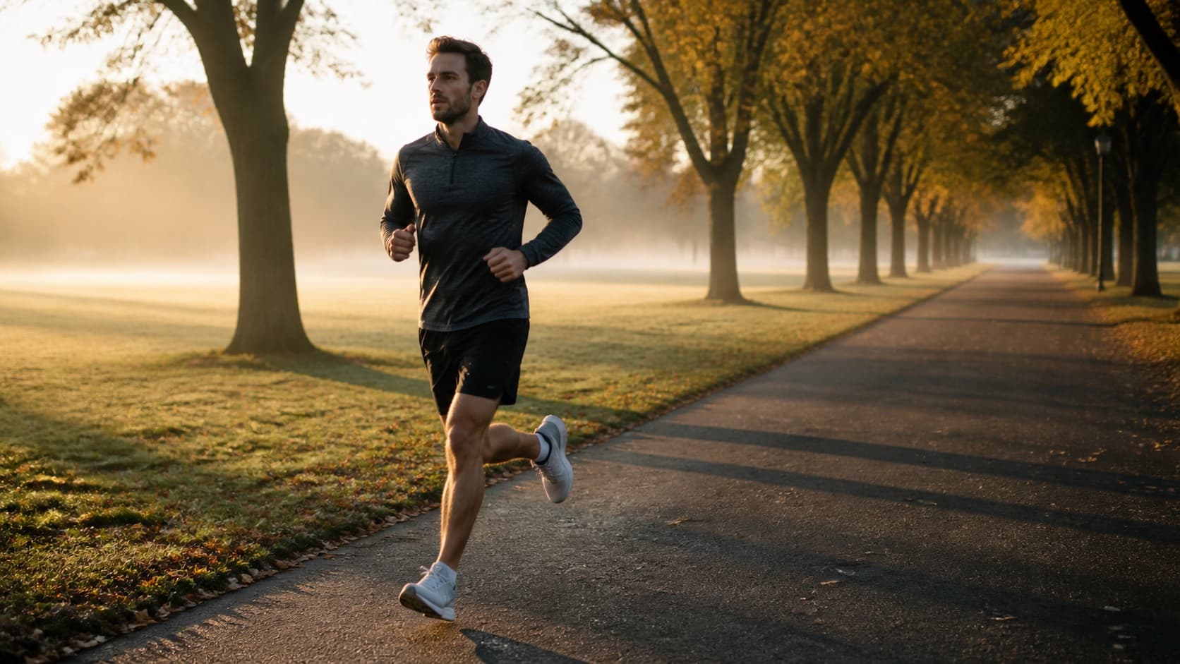 A recreational runner mid-stride on a misty tree-lined park path in early-morning golden light. A recreational runner mid-stride on a misty tree-lined park path in early-morning golden light.