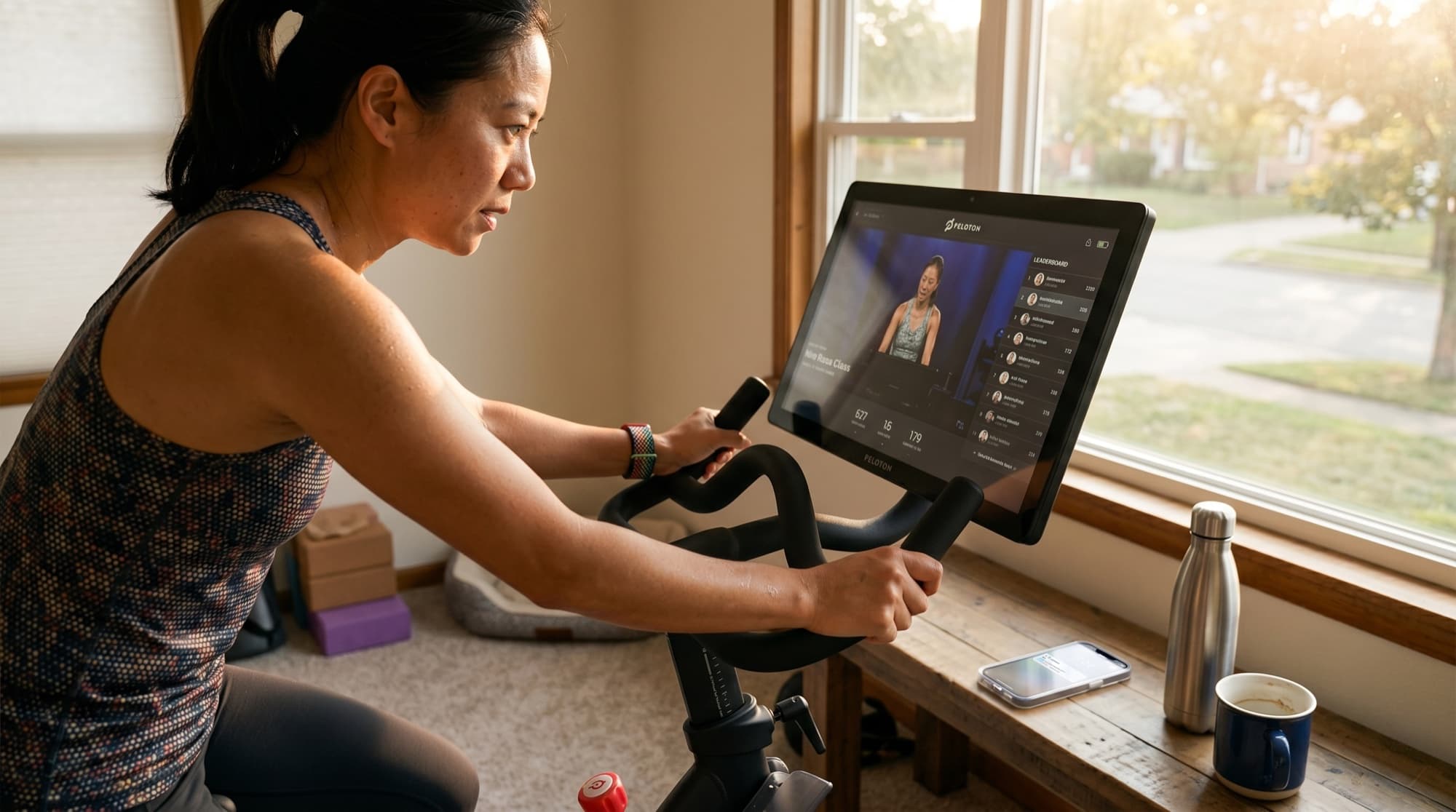 A woman mid-workout on a Peloton bike in a sunlit home gym, focused on the screen.