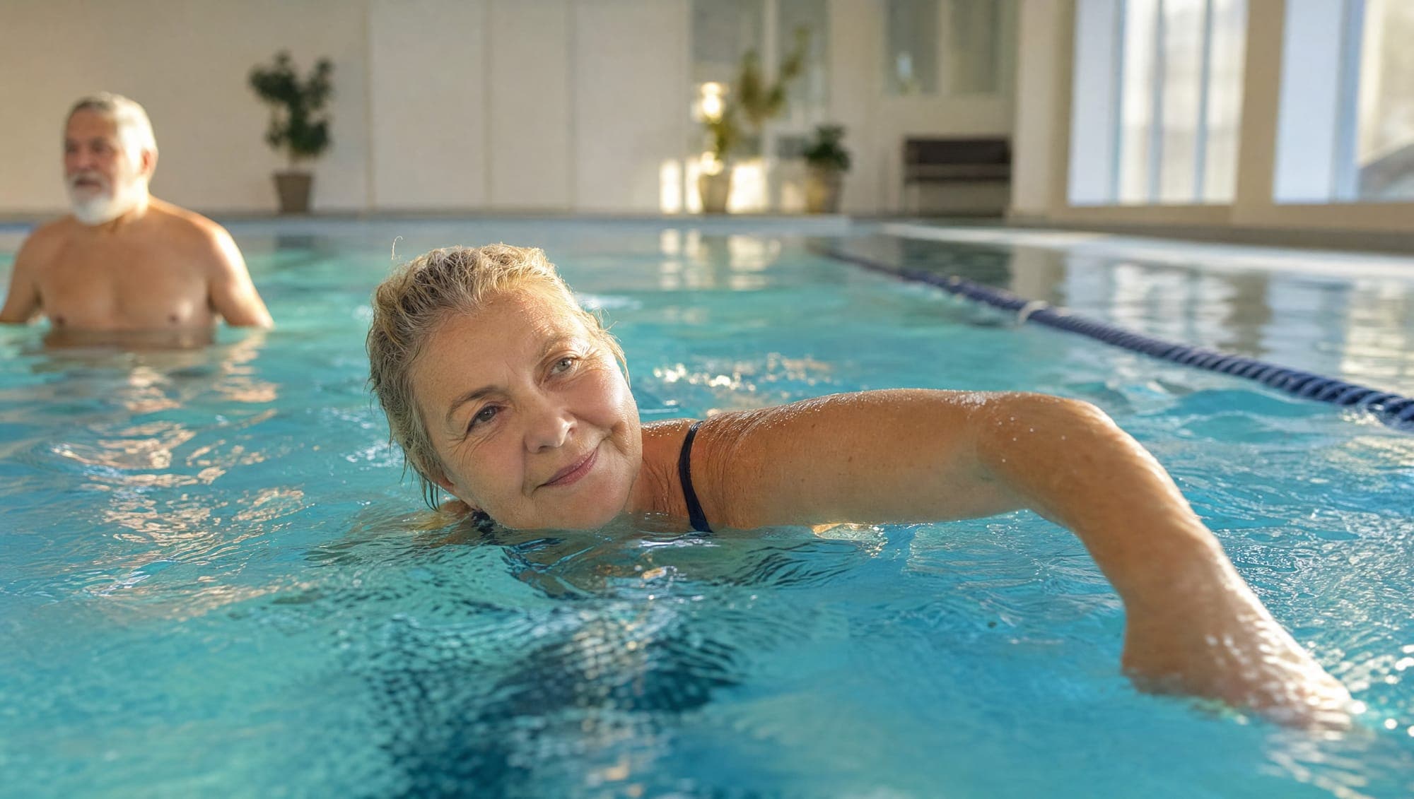 A swimmer doing gentle laps in an indoor pool in soft morning light.