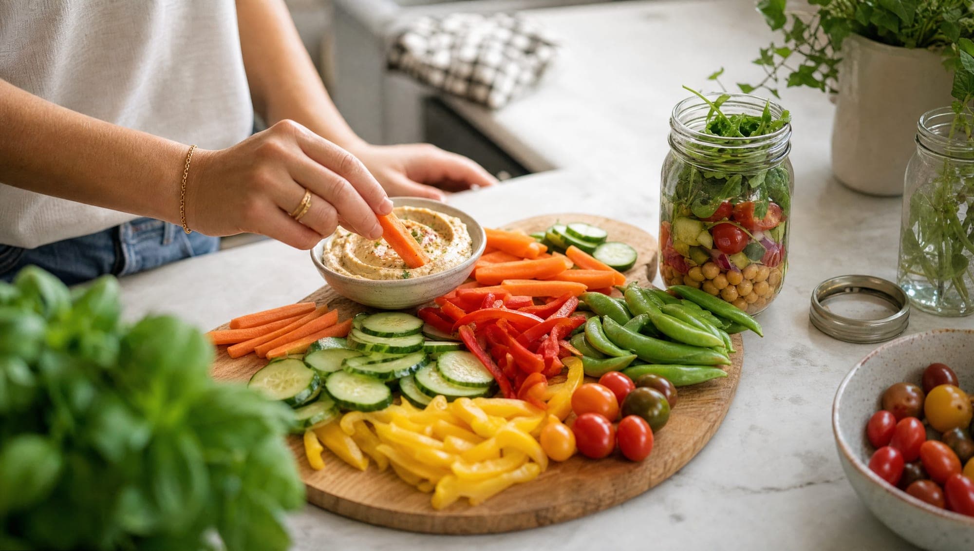 A colorful spread of freshly cut raw vegetables with hummus and a mason-jar salad on a sunlit kitchen counter, a hand reaching in.