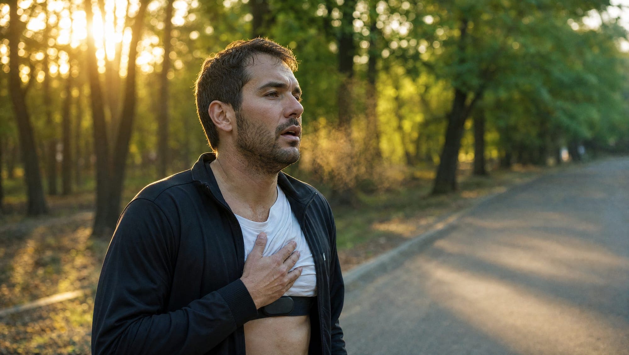 A runner catching their breath on a park path wearing a heart rate chest strap in morning light.