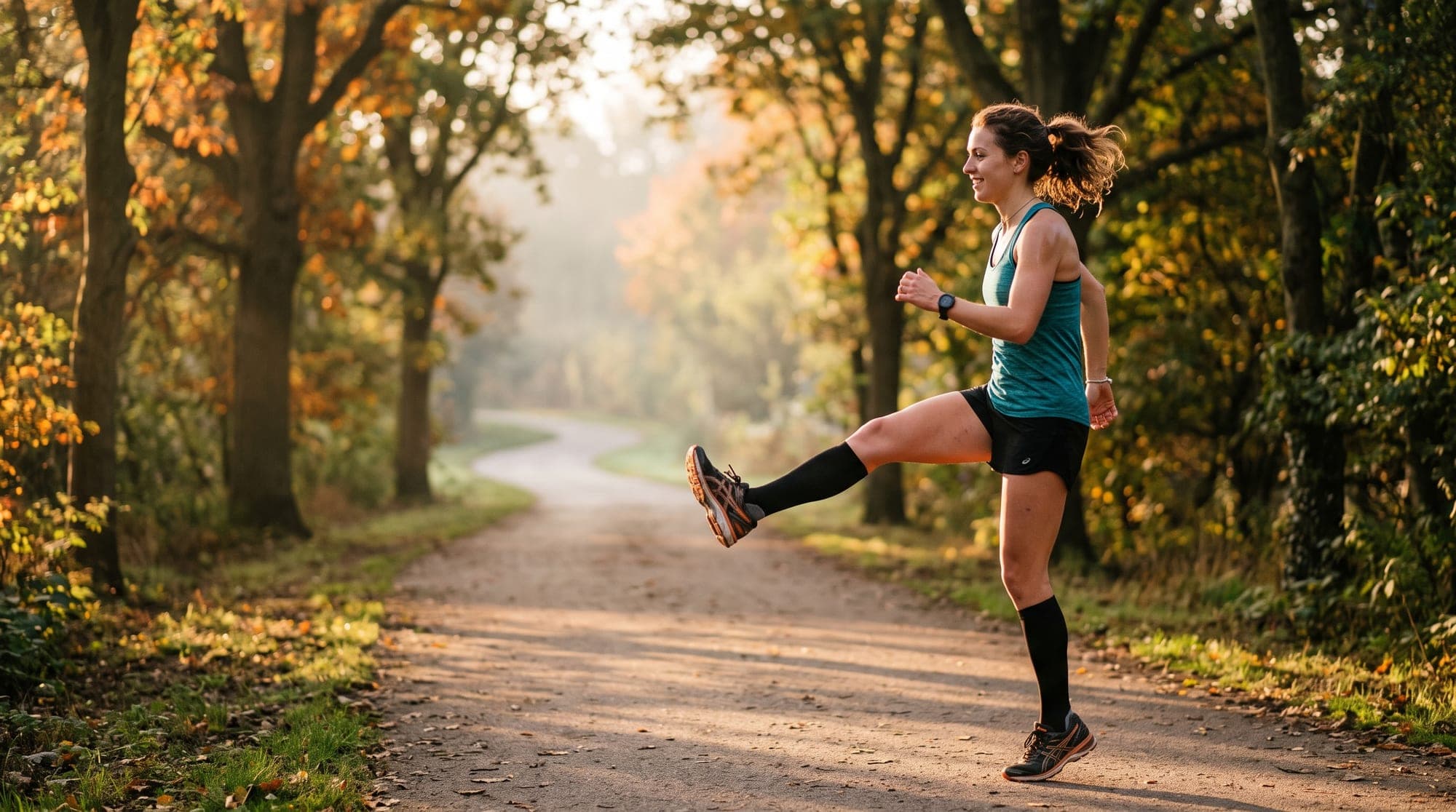 A runner doing a controlled forward leg swing to warm up on a tree-lined park path at sunrise.