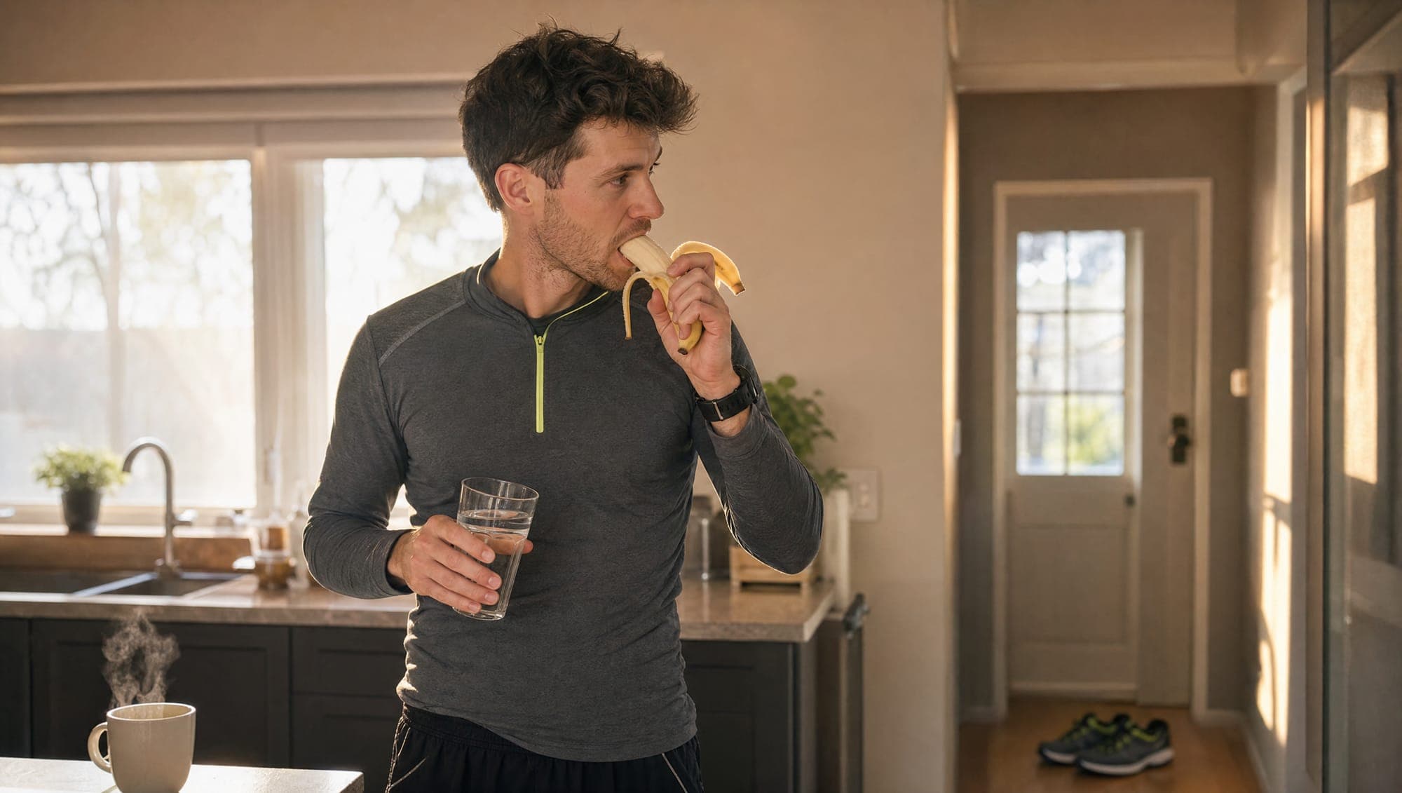 A runner having a light snack in a sunlit kitchen before a run.