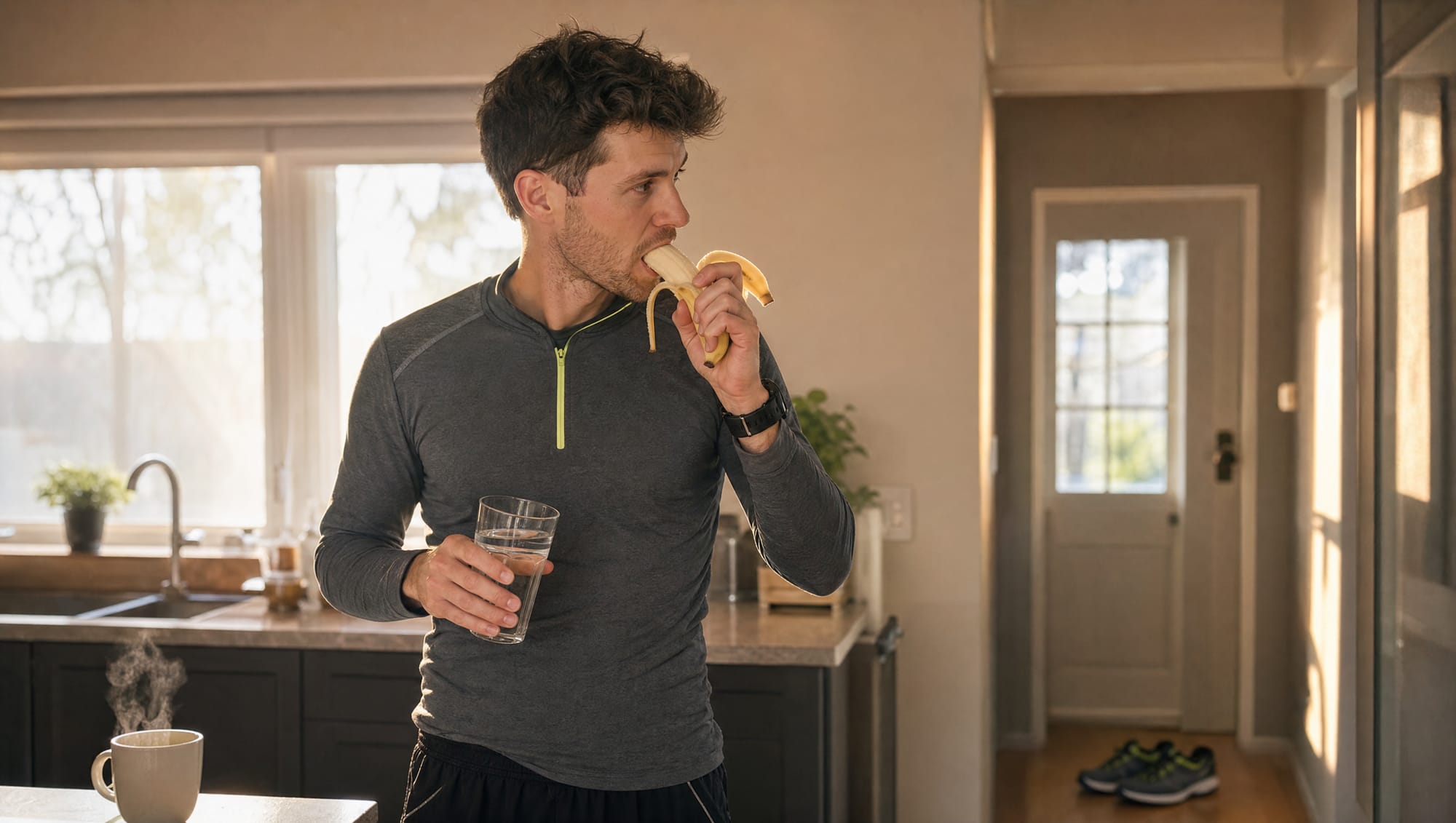 A runner having a light snack in a sunlit kitchen before a run. A runner having a light snack in a sunlit kitchen before a run.