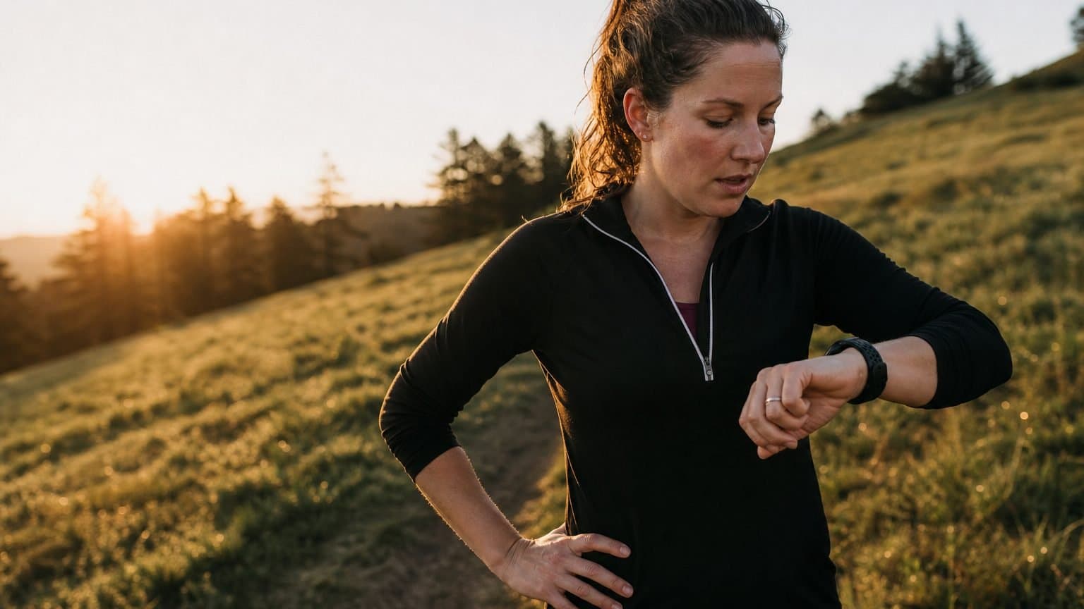 A runner pausing on a grassy hillside path at golden hour, catching their breath and glancing at the watch on their wrist. A runner pausing on a grassy hillside path at golden hour, catching their breath and glancing at the watch on their wrist.