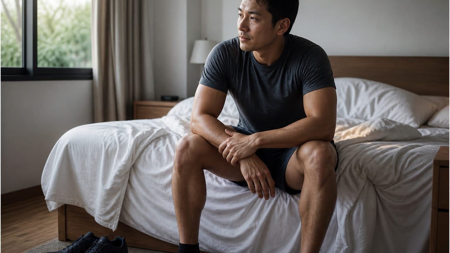 A runner sitting on the edge of the bed in soft morning light, resting a hand on their wrist just after waking. A runner sitting on the edge of the bed in soft morning light, resting a hand on their wrist just after waking.