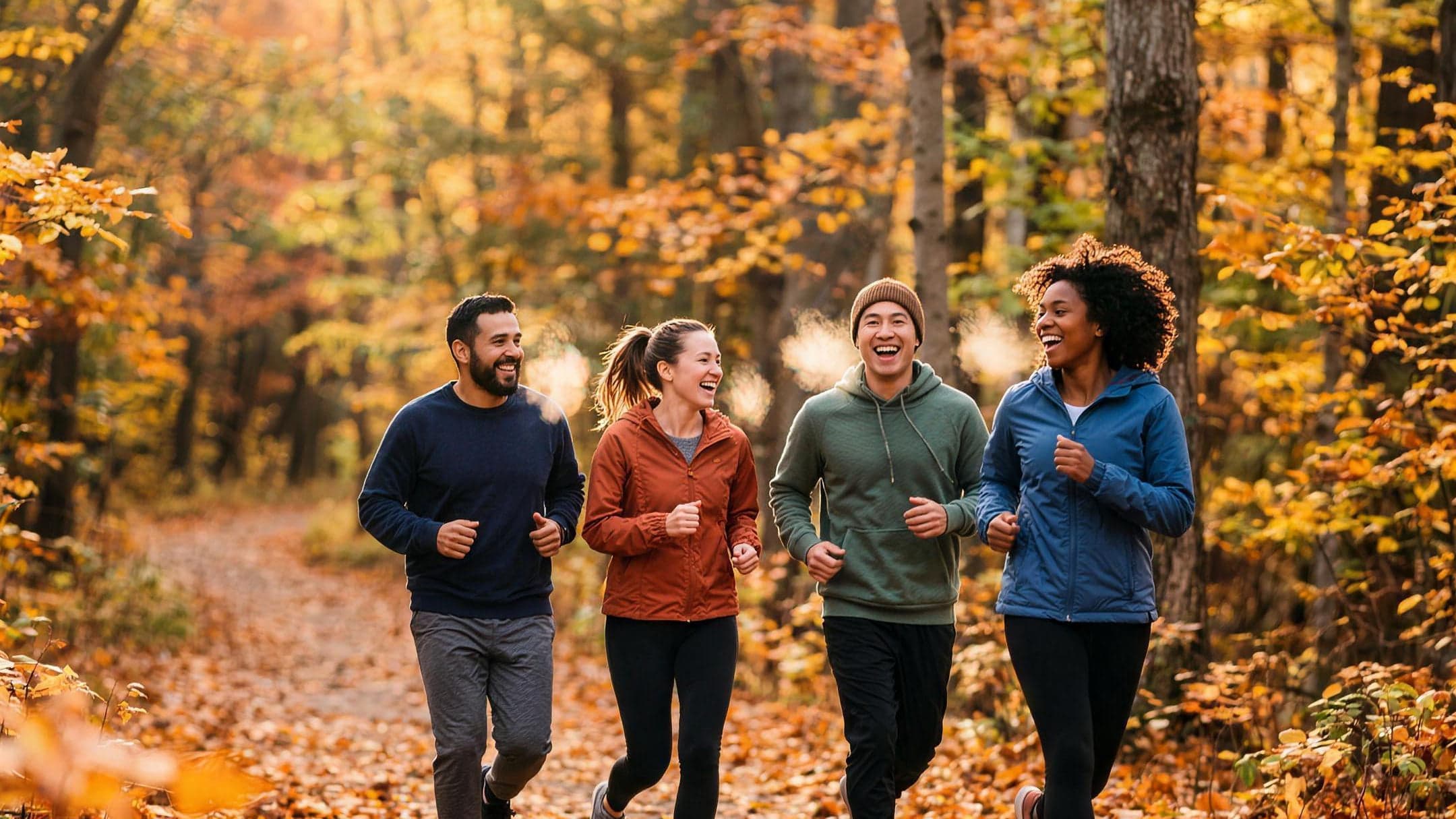 Freunde joggen durch einen Park voller Herbstlaub, mitten in einem zeitlich begrenzten Saison-Event.