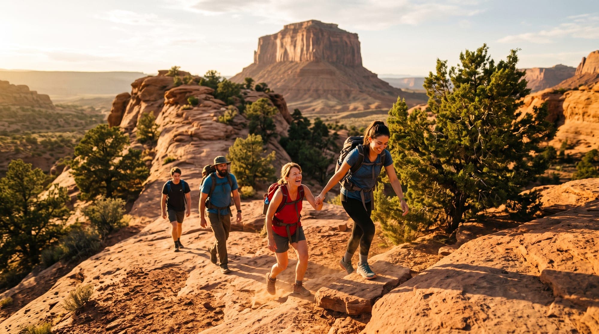 A small group of friends of mixed ages hiking up a red sandstone trail in the Sedona high desert at golden hour.