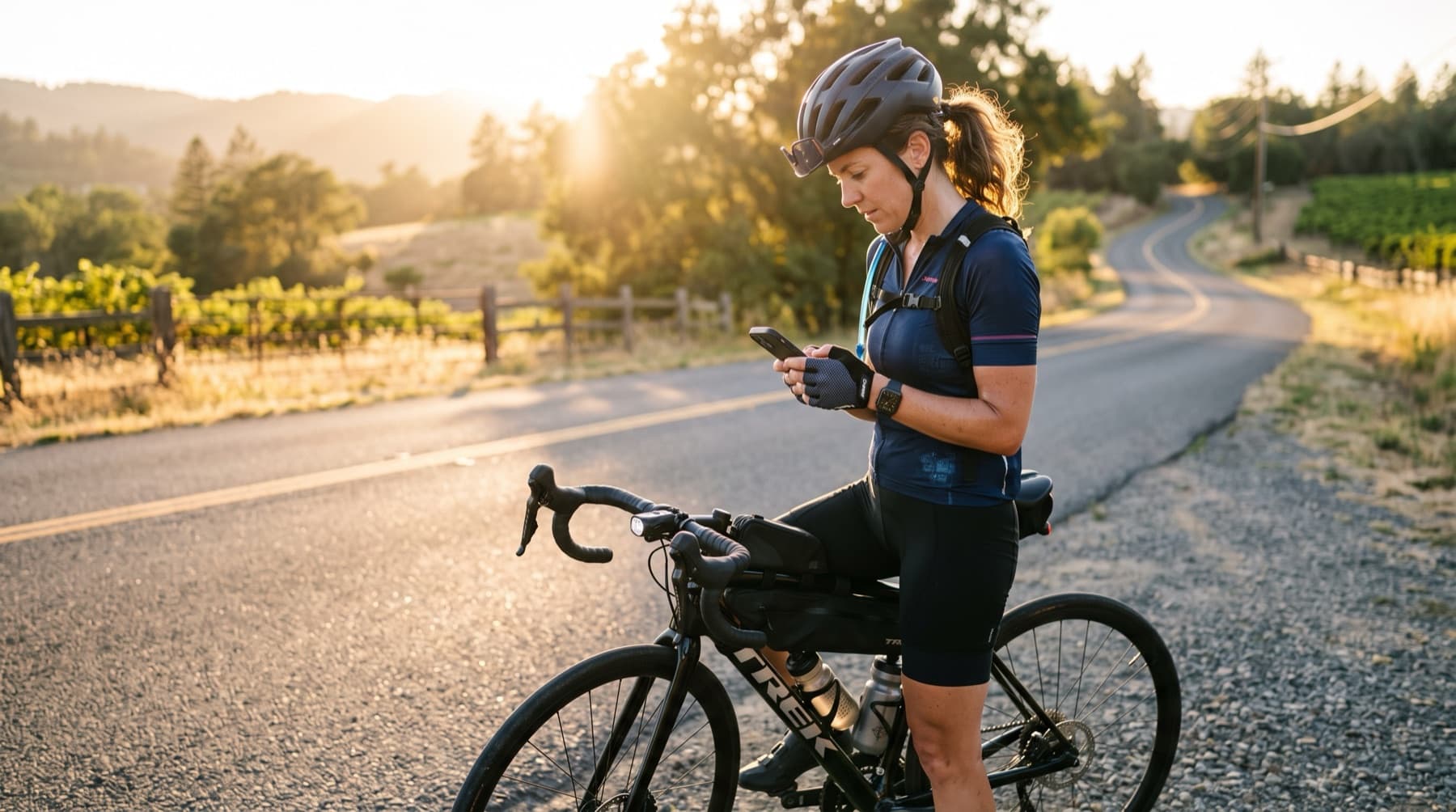 A cyclist at golden hour pausing to check their phone after a ride, a smartwatch on their wrist.