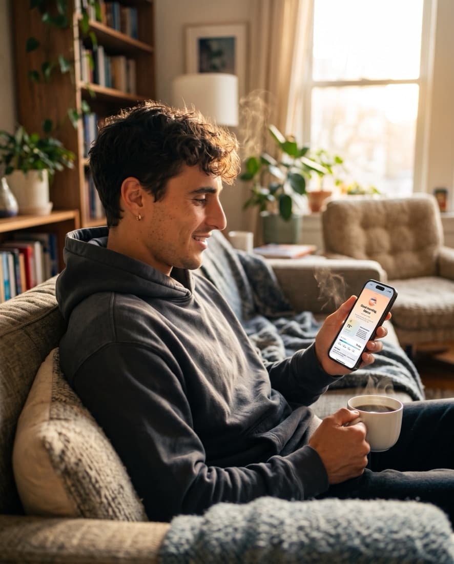 Alguien en un sofá con una taza de café un domingo por la mañana, repasando un resumen en su teléfono con la luz cálida de la ventana. Alguien en un sofá con una taza de café un domingo por la mañana, repasando un resumen en su teléfono con la luz cálida de la ventana.