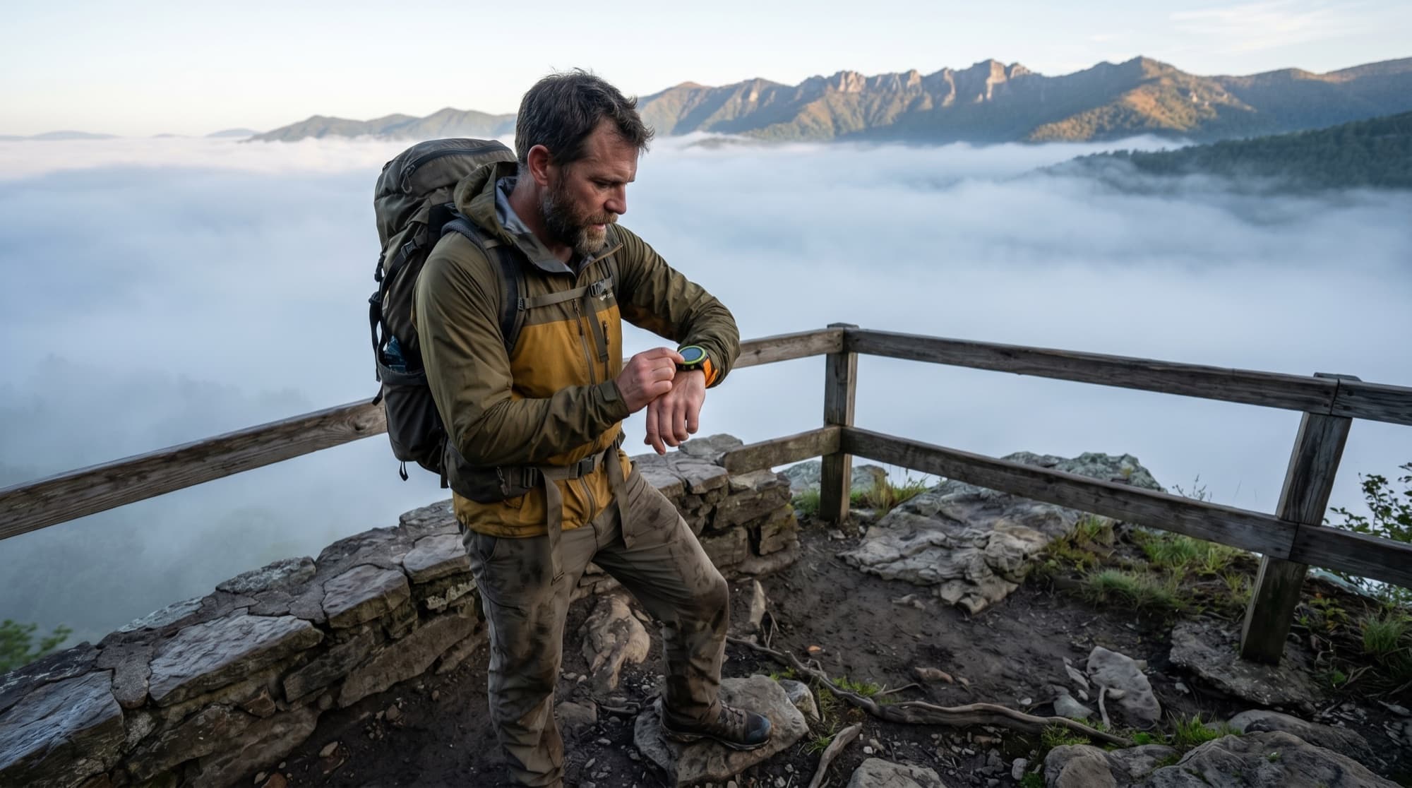 A hiker at a mountain overlook checking the watch on his wrist, misty ridge in the background.