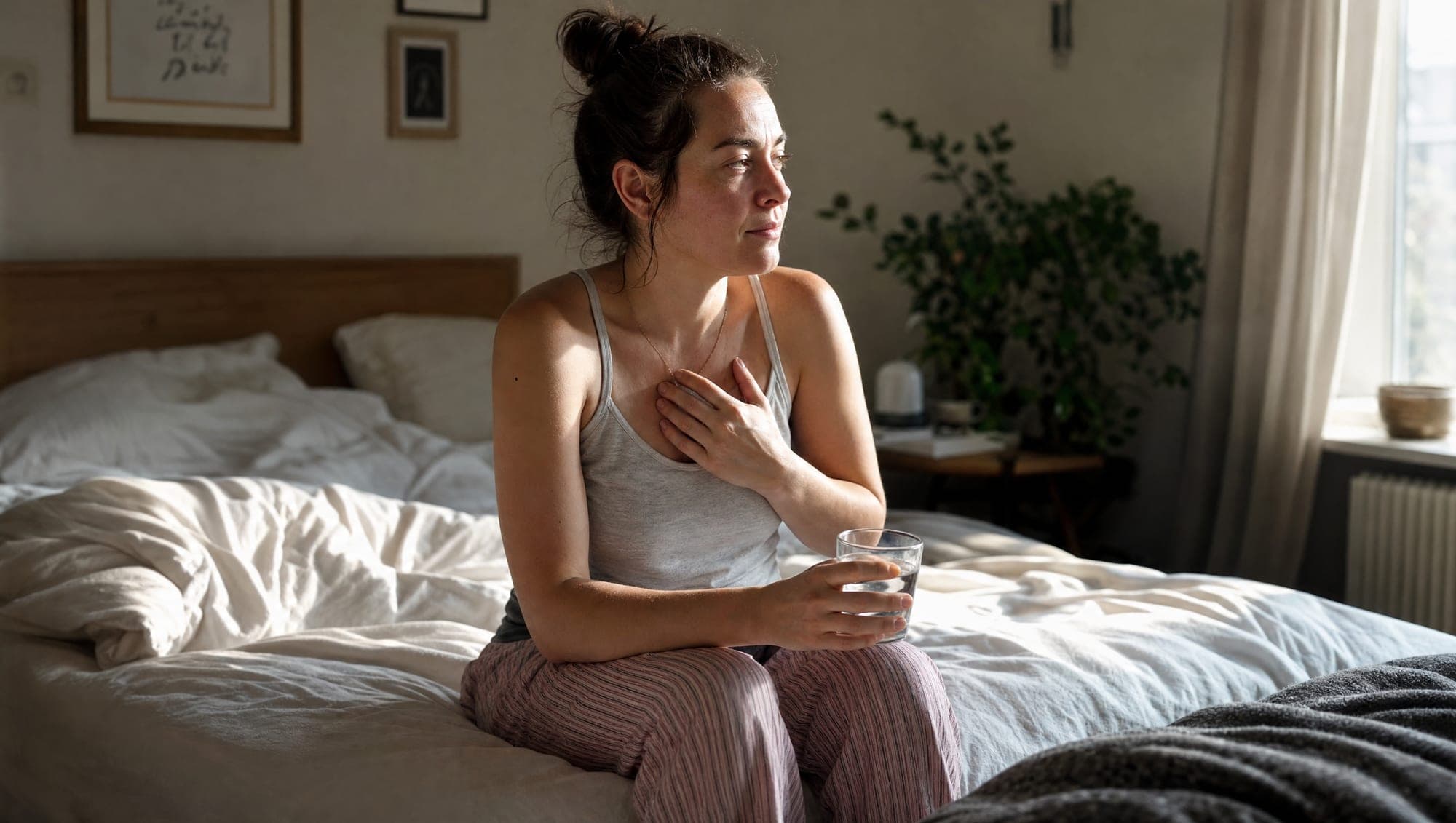 A tired person sits on the edge of the bed in soft morning light, holding a glass of water after a late night.