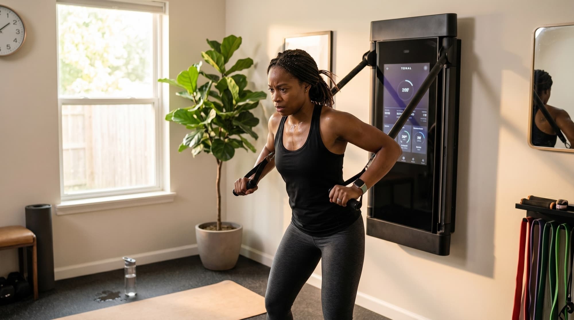 A woman doing a focused strength workout at home on a wall-mounted Tonal trainer, an Apple Watch on her wrist.