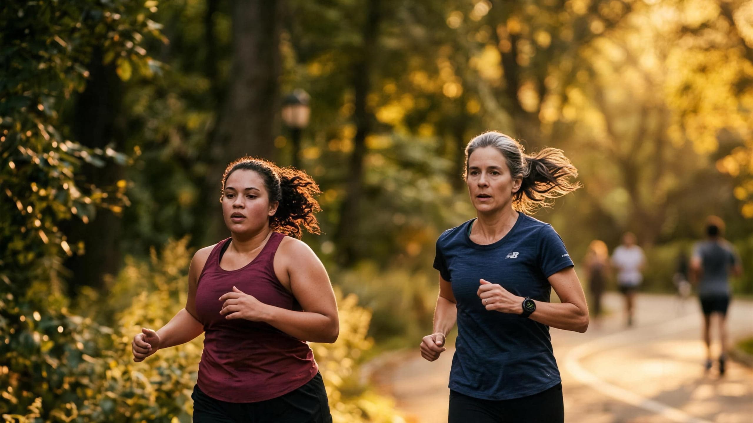 Two everyday runners of different ages on a park path at golden hour, one just a step ahead of the other.