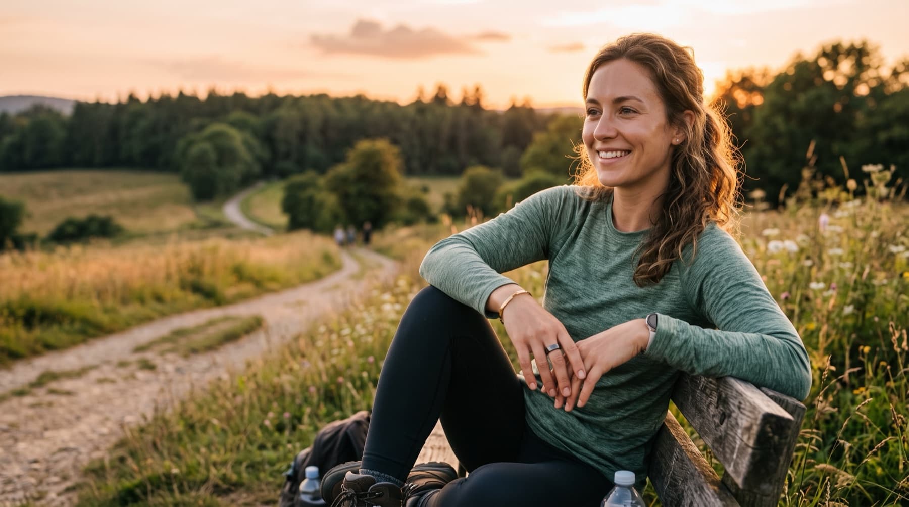 A person outdoors at golden hour wearing an Ultrahuman smart ring, relaxed after a walk.