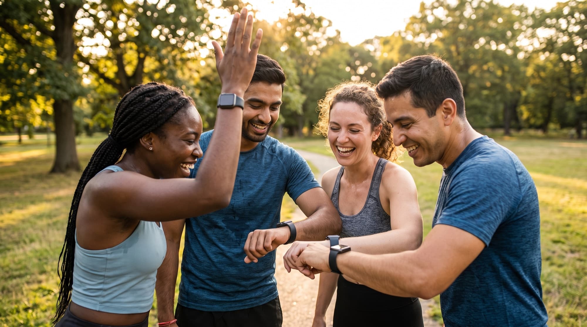 Four friends outdoors at golden hour comparing the activity rings on their smartwatches, laughing and high-fiving.