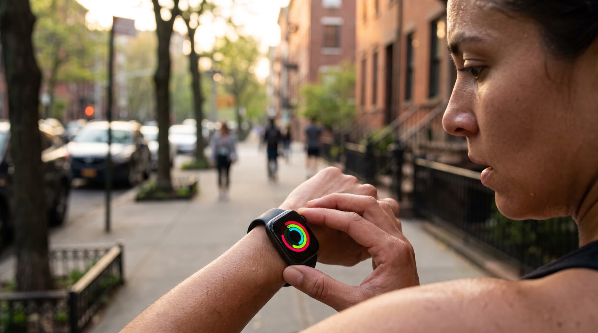 A runner on a tree-lined city street glancing at the three coloured activity rings on her smartwatch.