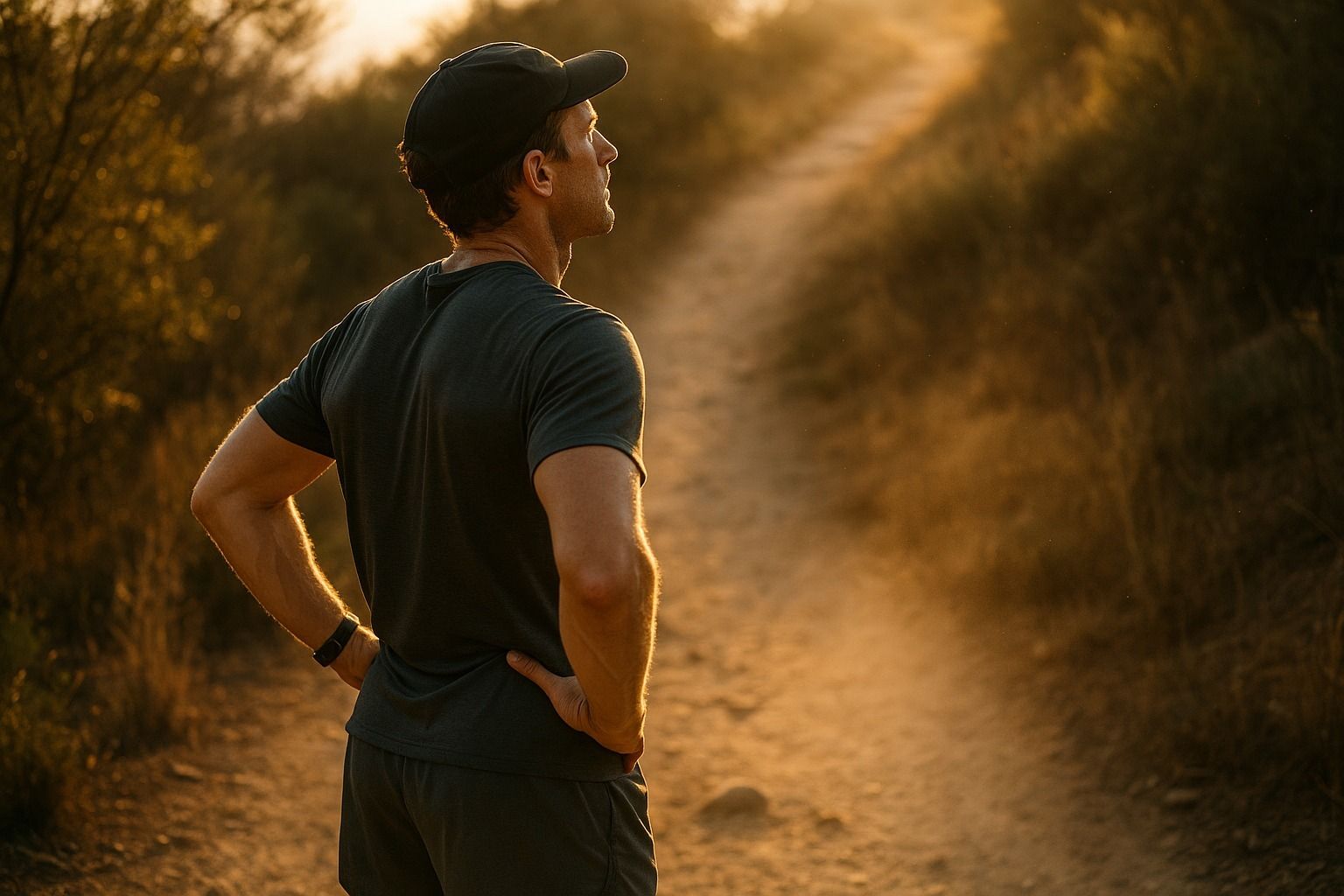 A runner pausing at a trailhead at golden hour, looking up a dusty dirt path ahead. A runner pausing at a trailhead at golden hour, looking up a dusty dirt path ahead.