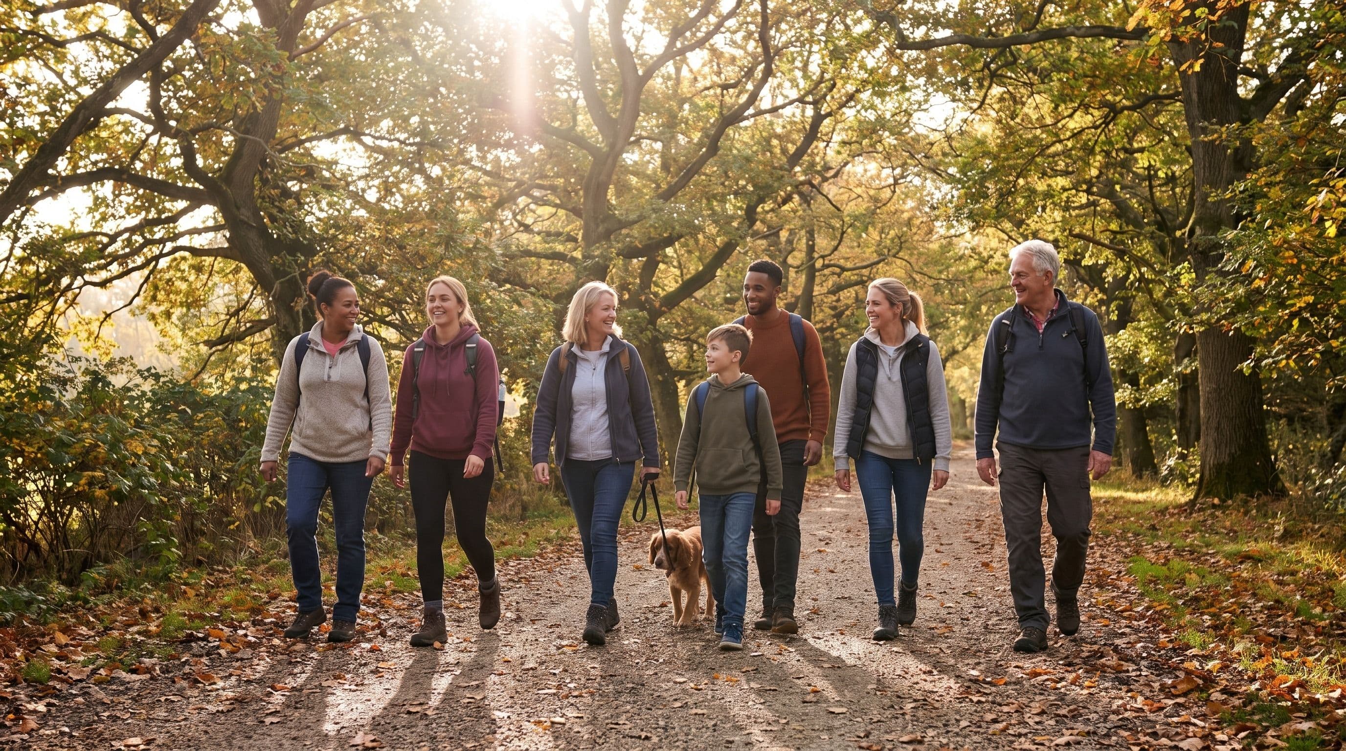 A mixed group of friends and family walking a tree-lined park path together in early autumn, with warm morning sunlight through the trees. A mixed group of friends and family walking a tree-lined park path together in early autumn, with warm morning sunlight through the trees.