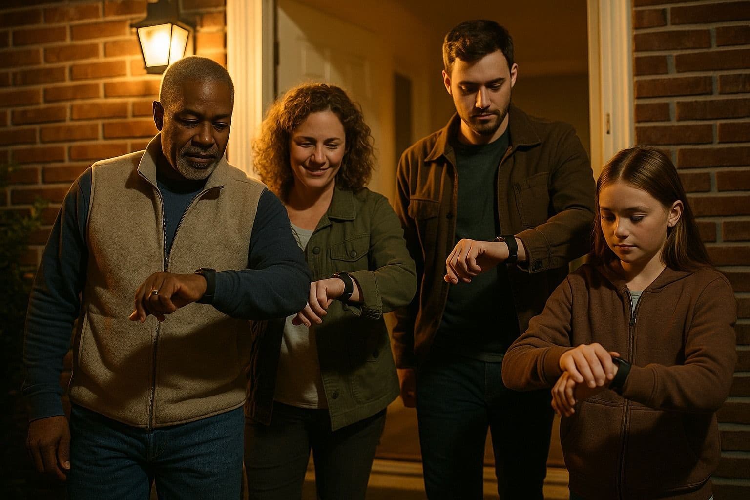 Four friends of different ages stepping out together on an evening walk, each checking a fitness watch on their wrist. Four friends of different ages stepping out together on an evening walk, each checking a fitness watch on their wrist.