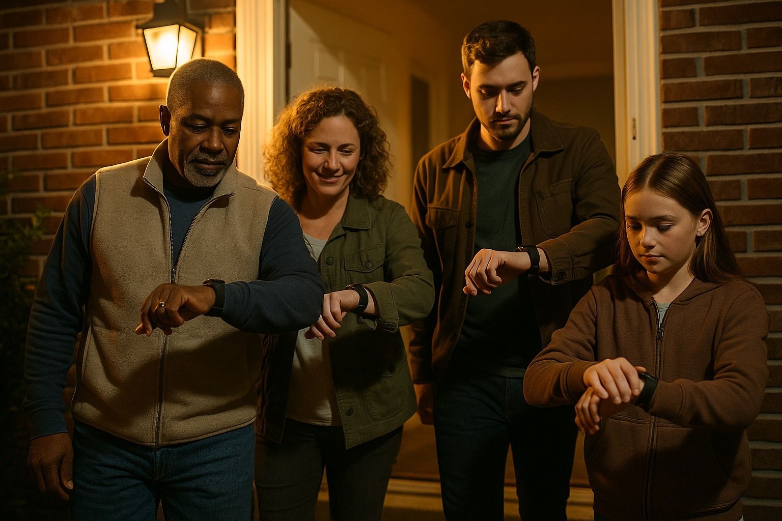 Four friends of different ages stepping out together on an evening walk, each checking a fitness watch on their wrist. Four friends of different ages stepping out together on an evening walk, each checking a fitness watch on their wrist.