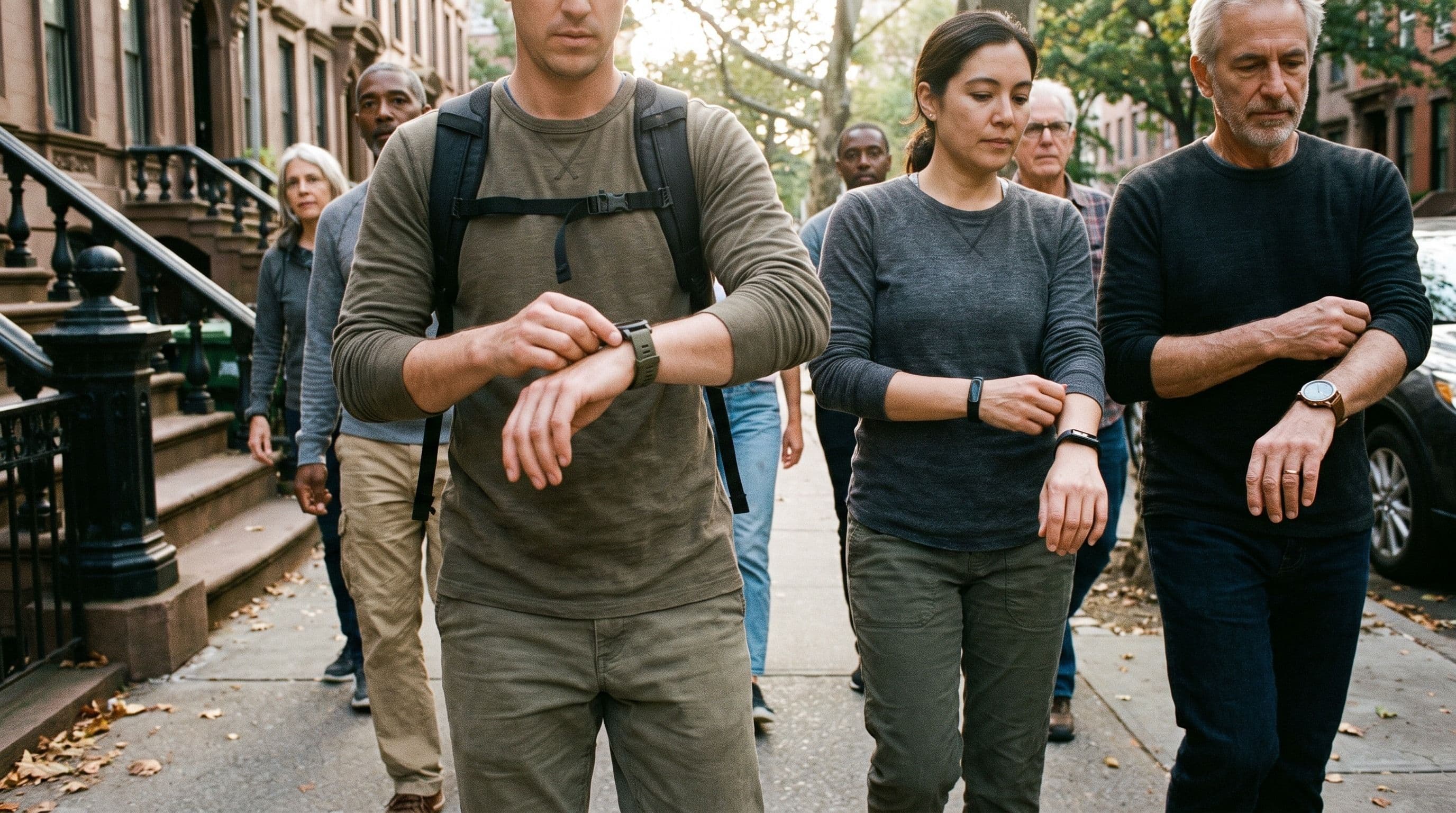 A group of neighbors starting a walk together on a city sidewalk in the morning, wearing different fitness trackers on their wrists. A group of neighbors starting a walk together on a city sidewalk in the morning, wearing different fitness trackers on their wrists.