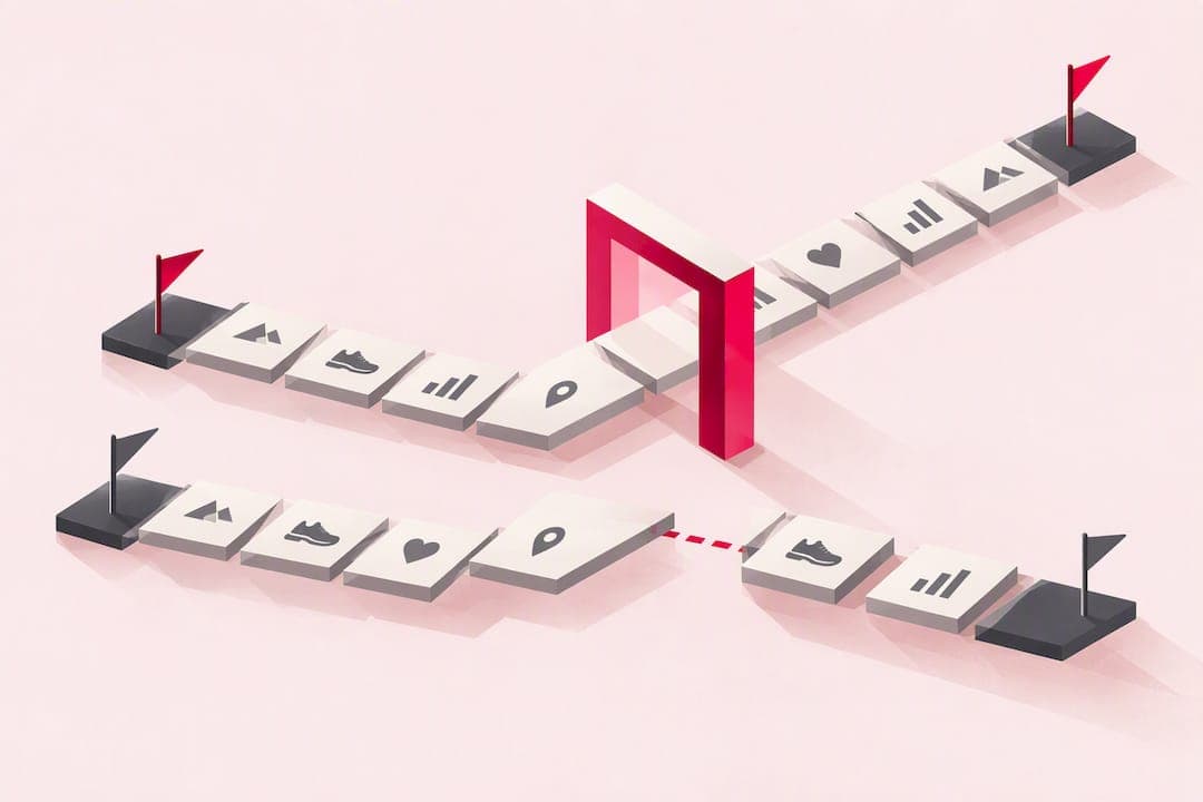 An illustration of two challenge paths lined with activity tiles, one running cleanly between flags and one broken by a gap. An illustration of two challenge paths lined with activity tiles, one running cleanly between flags and one broken by a gap.
