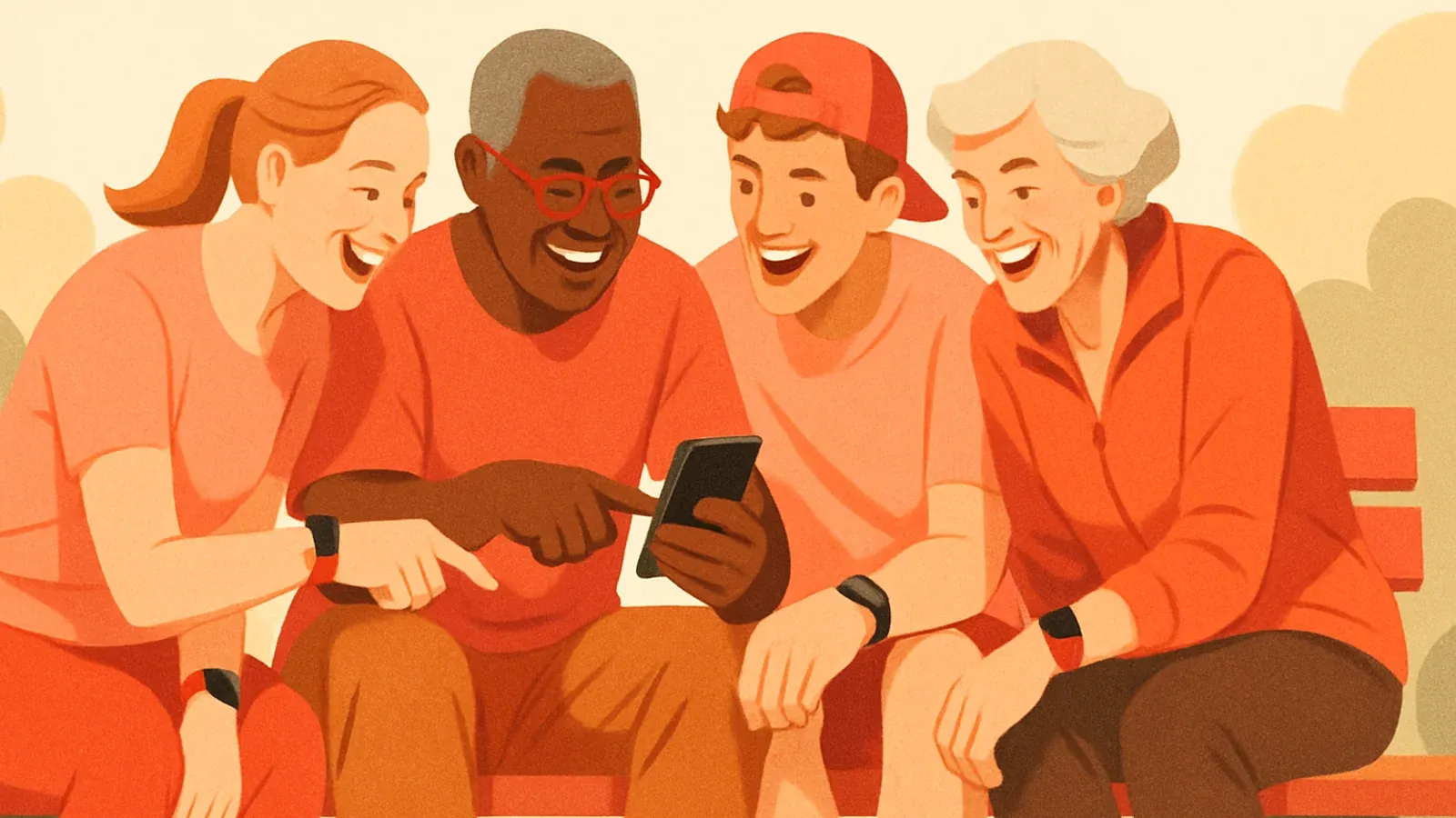 Four friends of different ages laughing together on a park bench while looking at one phone, each wearing a fitness tracker Four friends of different ages laughing together on a park bench while looking at one phone, each wearing a fitness tracker