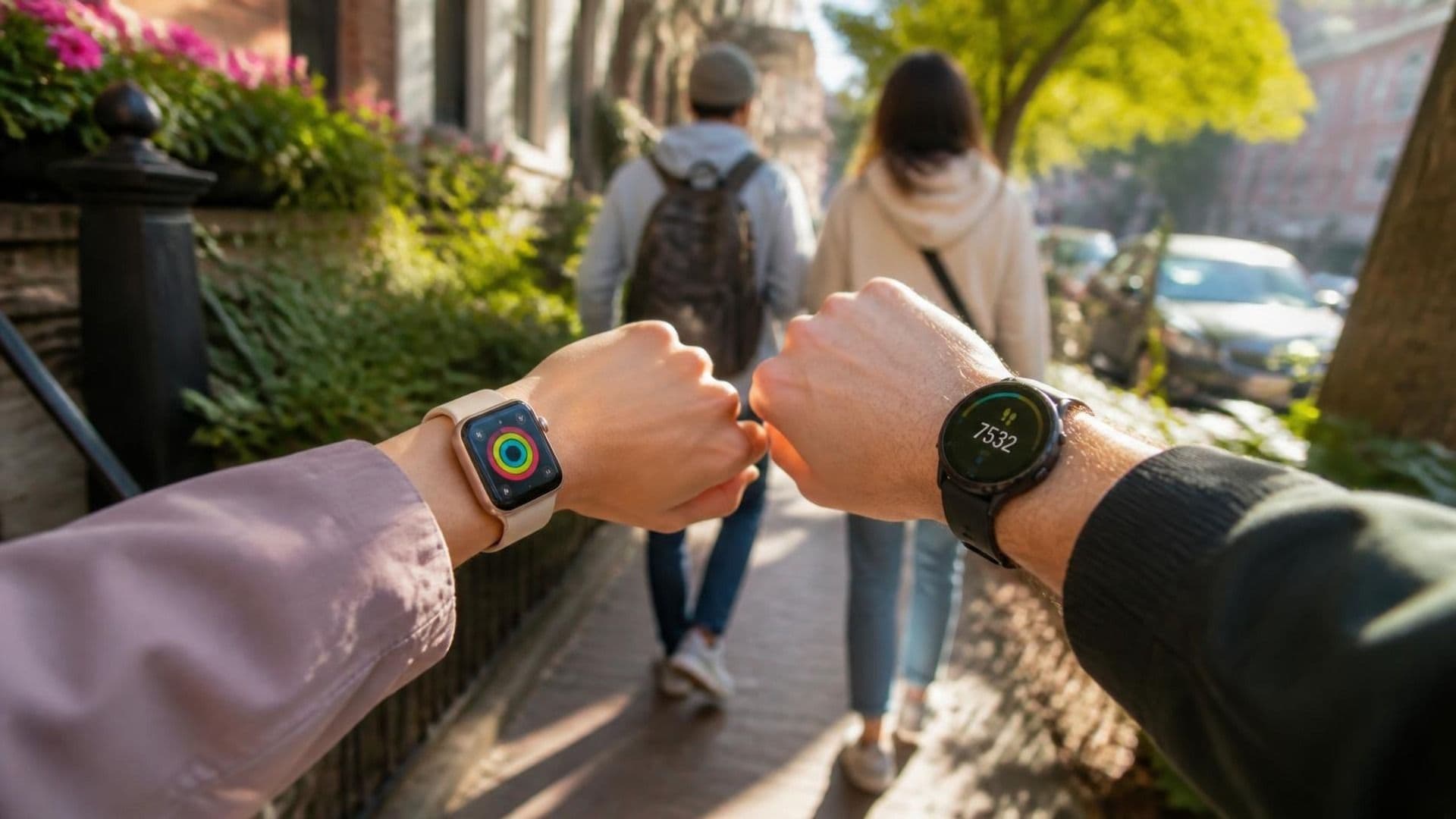 Two friends walk side by side, one wearing an Apple Watch and one a Garmin, both tracking the same step challenge. Two friends walk side by side, one wearing an Apple Watch and one a Garmin, both tracking the same step challenge.