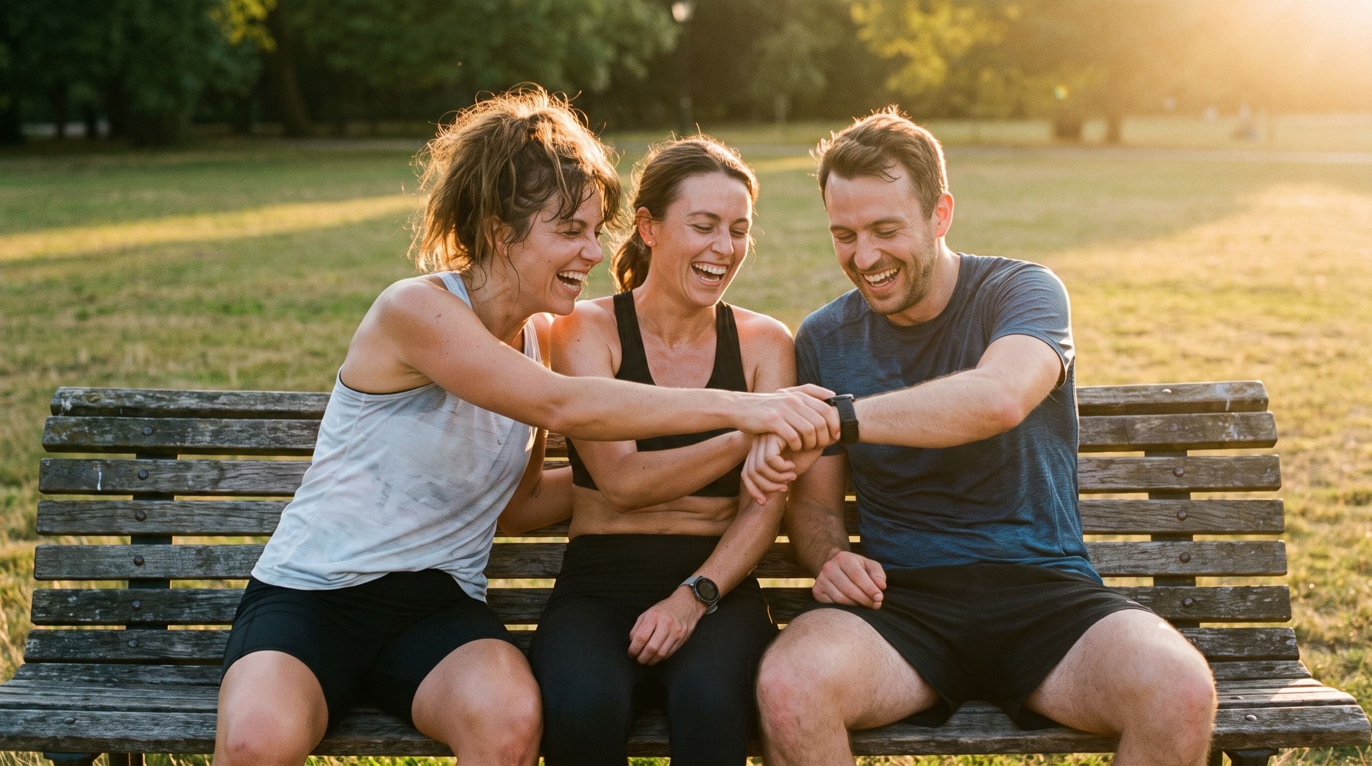Three friends in running gear laughing together on a park bench after a workout, one checking a fitness tracker in late-afternoon light. Three friends in running gear laughing together on a park bench after a workout, one checking a fitness tracker in late-afternoon light.