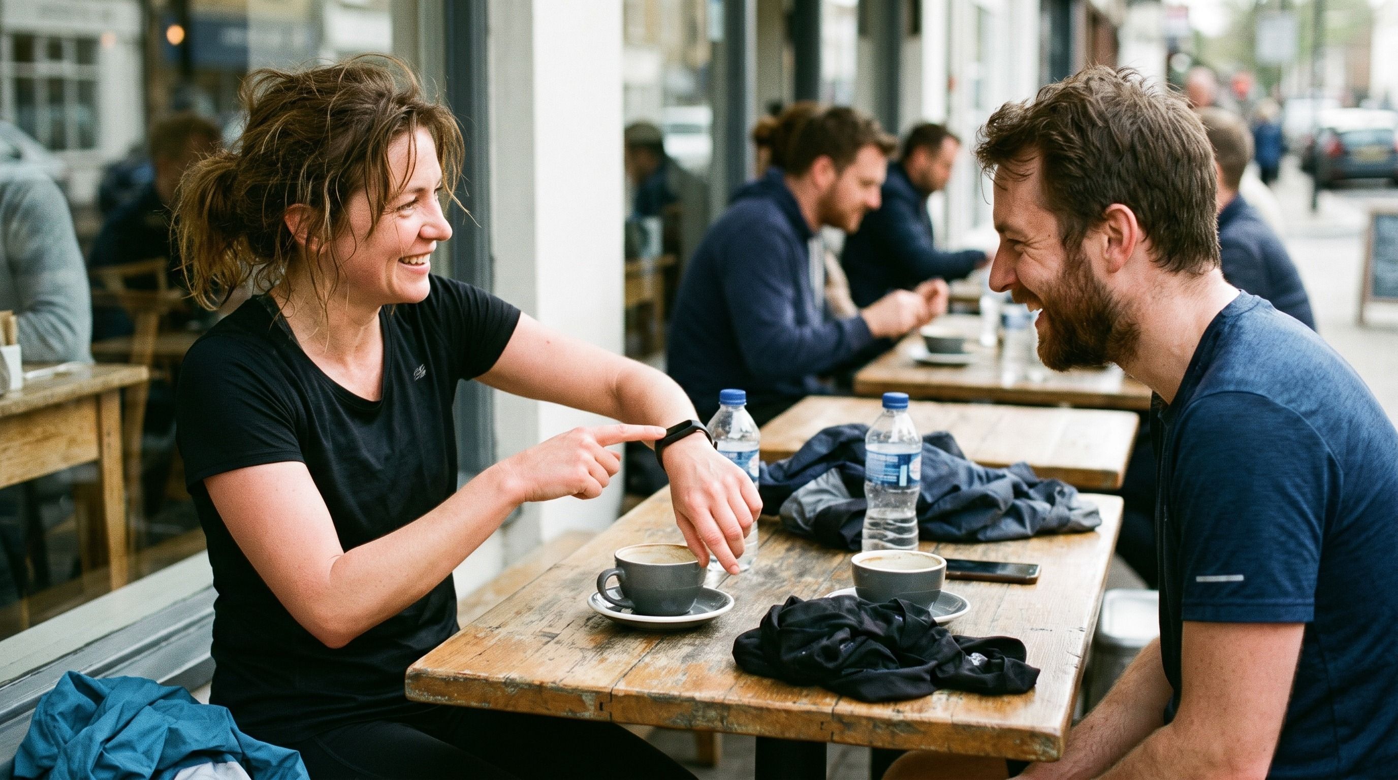 Two friends smiling at an outdoor cafe table after a run, one showing the fitness tracker on their wrist. Two friends smiling at an outdoor cafe table after a run, one showing the fitness tracker on their wrist.
