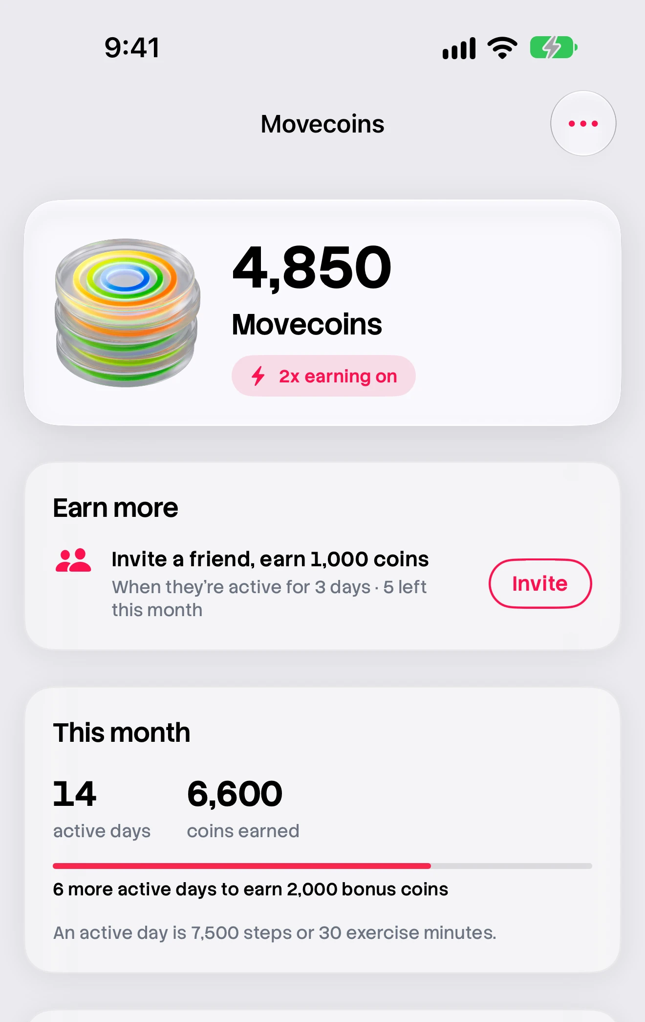 The Movecoins screen in the MoveTogether iPhone app, showing a sample balance, active days this month and bonus progress.