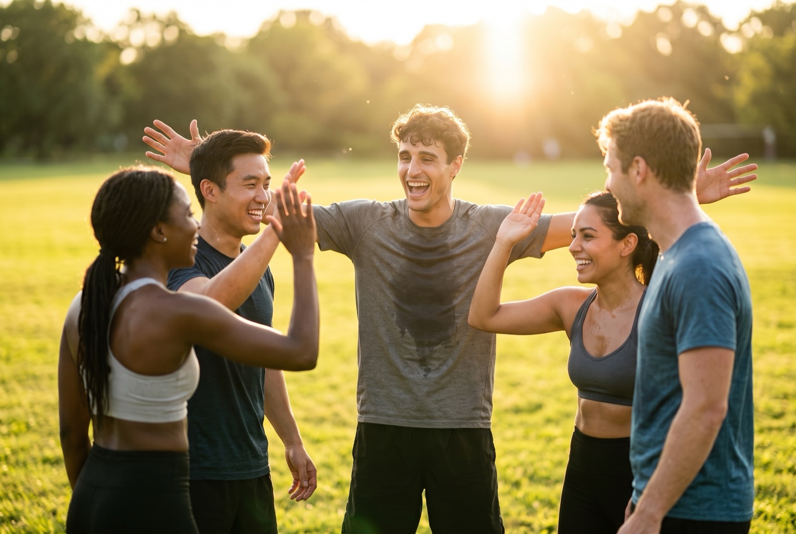 Marco laughing with a small group of friends after a workout in a sunlit park, high-fives all around.